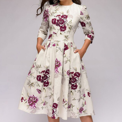 Loose Stylish Floral Print Round Neck A-Line Fitted Pleated  Midi Dress