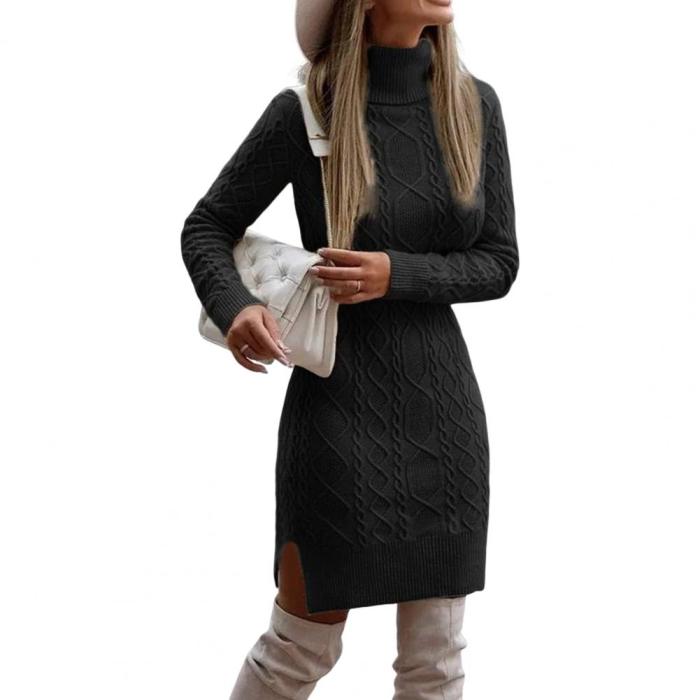 Women's Turtleneck Long Sleeve Side Slit Tight Twisted Sweater Dress