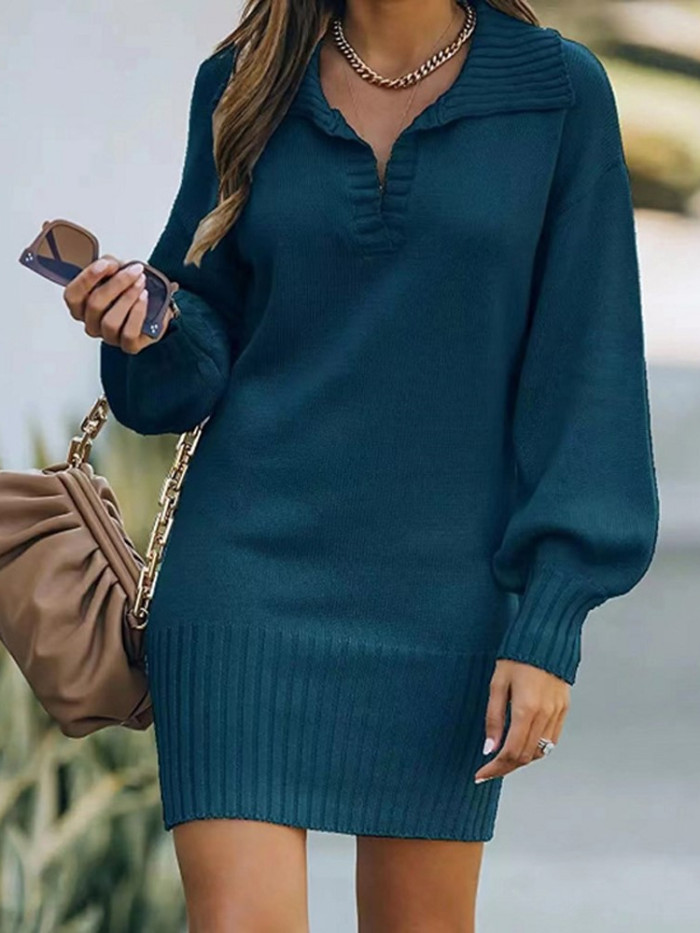 Fashion Lapel Long Sleeve Loose Knit Sweater Dress
