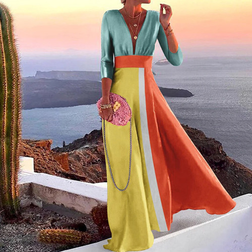 Trendy Printed Color Block Long Sleeve Boho Plunge V Neck Party Maxi Dress