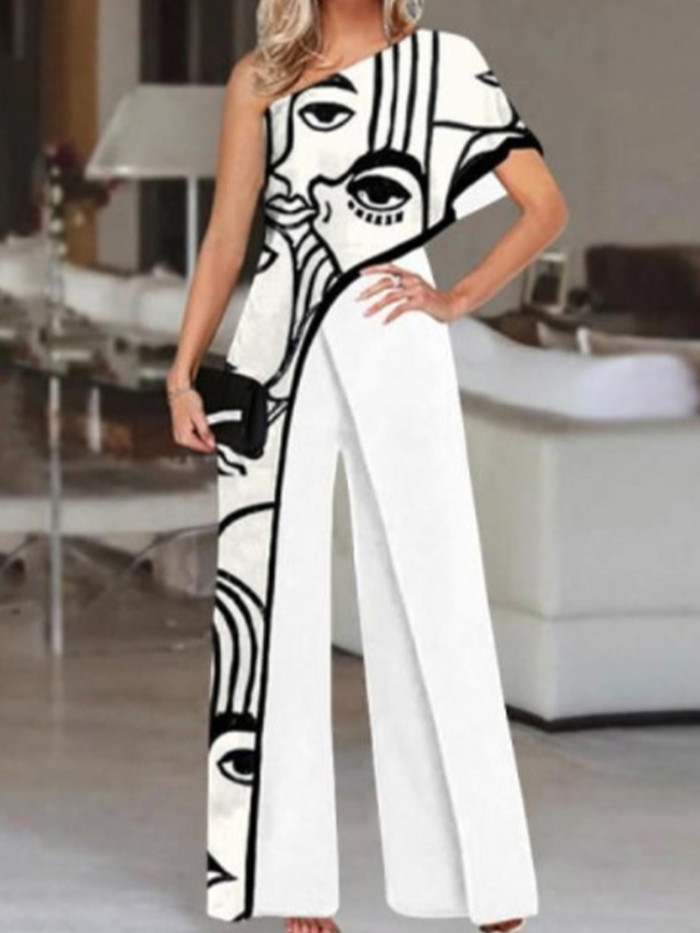 Sexy Off Shoulder Party Office Elegant Graphic Print Loose Jumpsuit