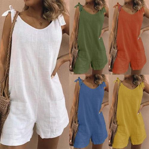 Women's Solid Color Sleeveless Pocket Loose Cargo Shorts  Rompers