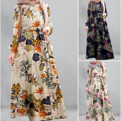 Fashion Ladies Printed Long Sleeve Casual Loose Maxi Dress