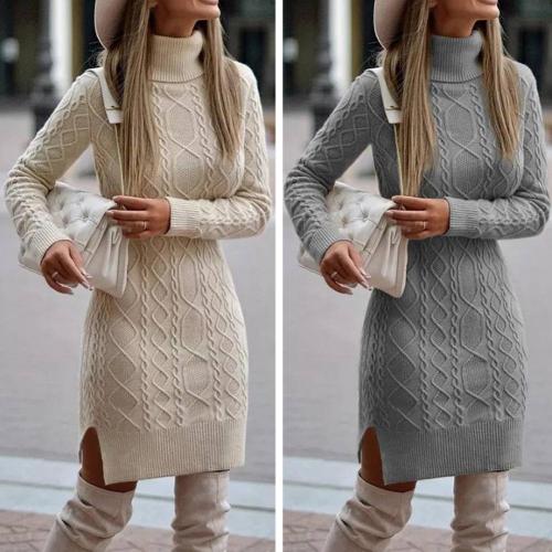 Women's Turtleneck Long Sleeve Side Slit Tight Twisted Sweater Dress