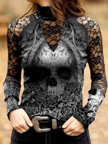 Women's Summer Turtleneck Printed T-Shirt Gothic Cutout Long Sleeve Top  Blouses