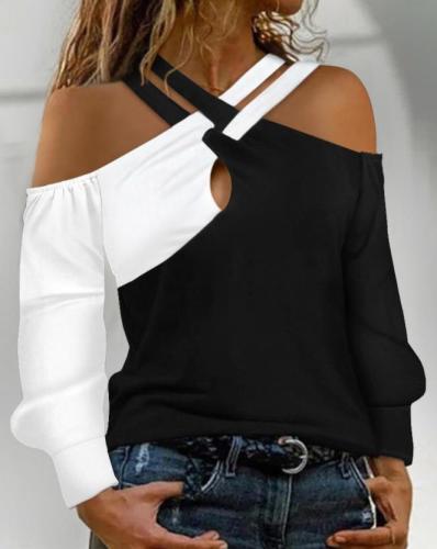 Women's Fashion Colorblock Crossover Strapless Long Sleeve Loose Casual   Blouses & Shirts