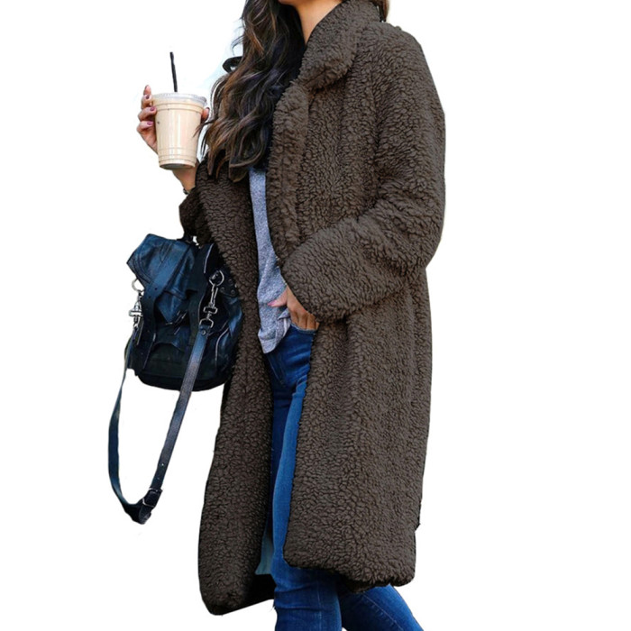 Fashion Long Sleeve Loose Solid Color Lapel Coat  Trench Coats