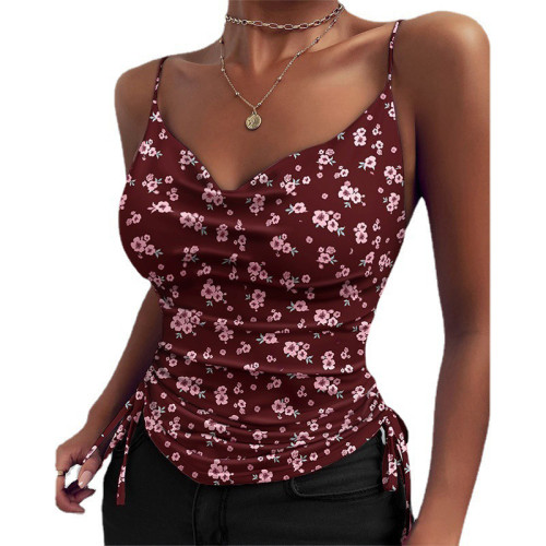 Fashion Drawstring Casual Camisole Deep V Neck Sexy Beach Solid Color   Camis  Top