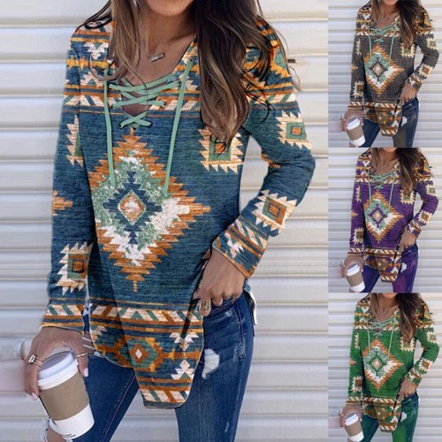 Womens Ethnic Style Print Lace-up Blouse Casual Long Sleeve Loose T-shirts