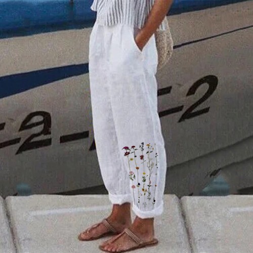 Fashionable Beach Stretch Cotton Linen Loose Straight Trousers