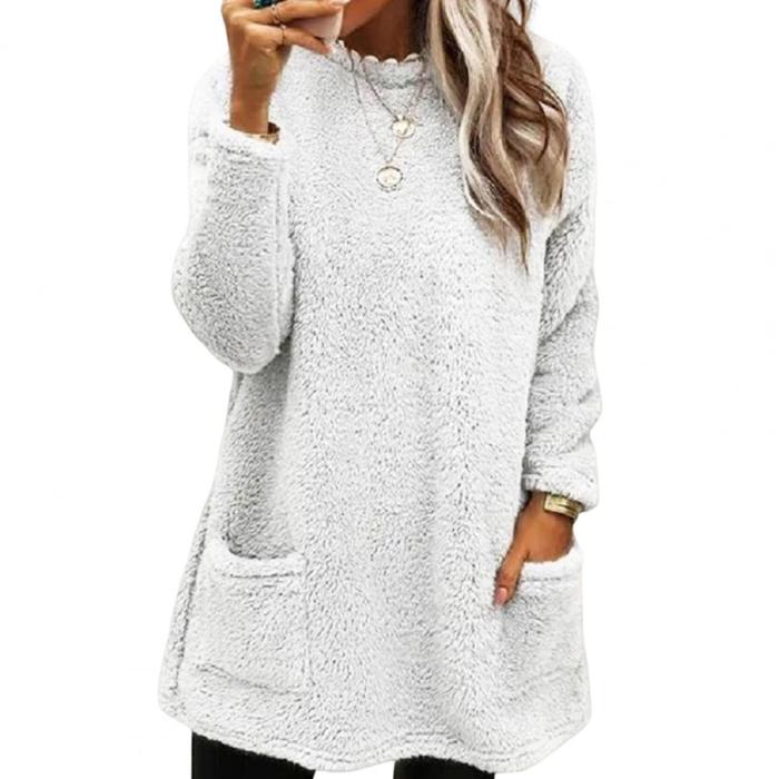 O-Neck Long Sleeve Pocket Solid Loose Fur Top   Hoodies & Sweatshirts