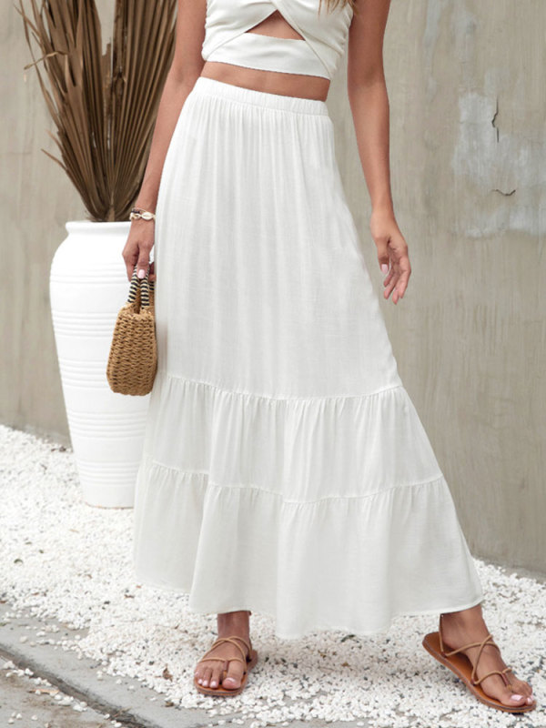 Solid Color Pleated Party Ruffle High Waisted A-Line Skirt