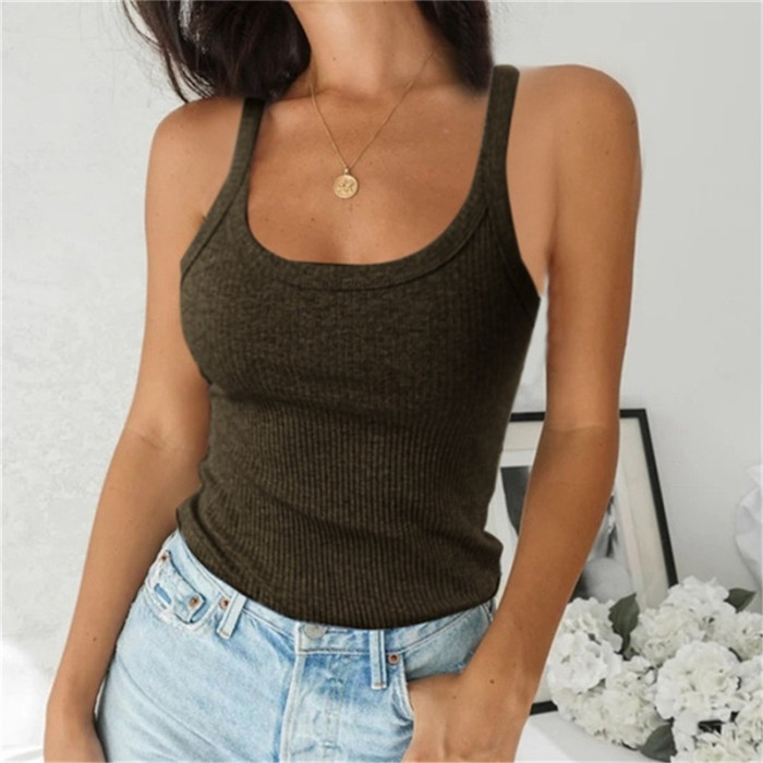 Fashion Sleeveless O Neck Knit Sexy Open Casual Solid Color Top T-Shirt