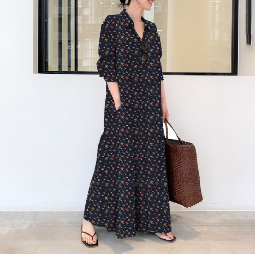 Fashion Party Shirt Solid Color Loose Swing Long Sleeves Maxi Dress
