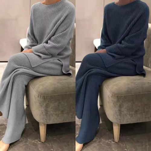 Women Fashion Casual Solid Color Wide Leg Crew Neck Knit   Two-piece Outfits