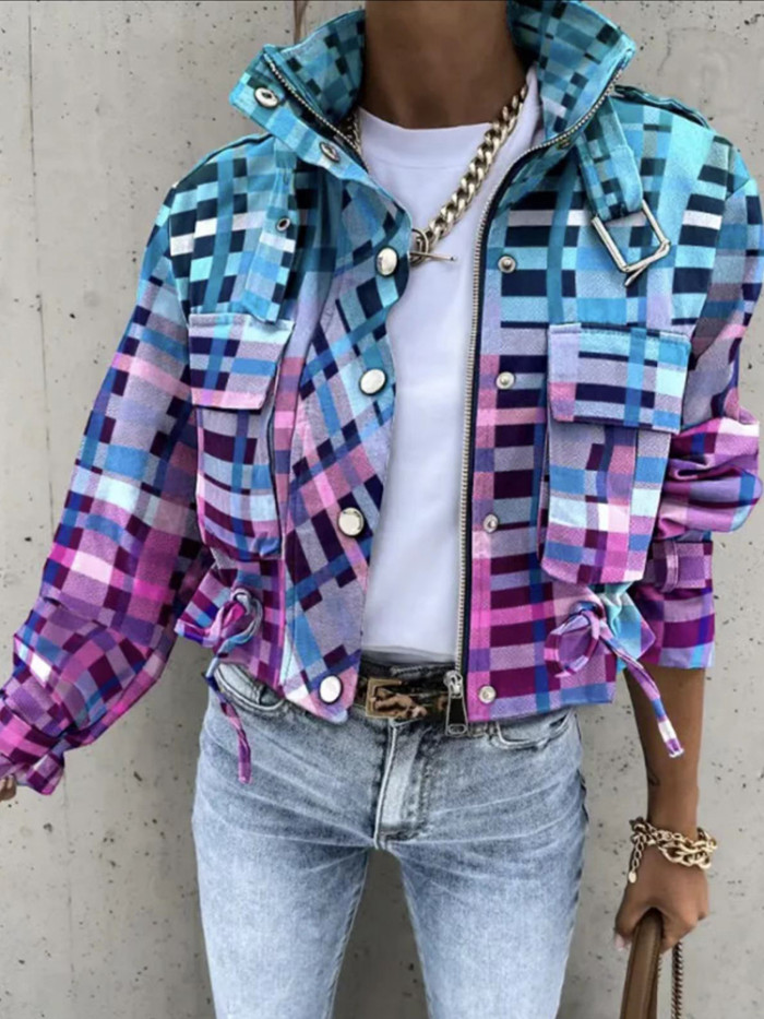 Women's Fashion Printed Pocket Hip Hop Stand Collar Long Sleeve Jacket
