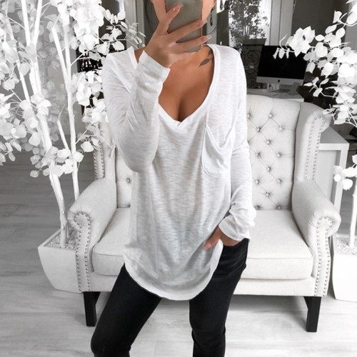 Women's Fashion V Neck Long Sleeve Slim Fit Solid Color Stretch T-Shirt
