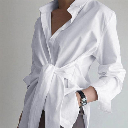 Fashion Ladies Long Sleeve Lapel Casual Solid Color Loose Blouse