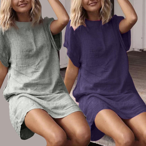 Loose Crew Neck Casual Linen Party Solid Dress