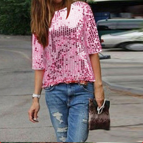 Sexy Club Sequin Half Sleeve Loose Casual Solid Color O-Neck Top  Blouses & Shirts
