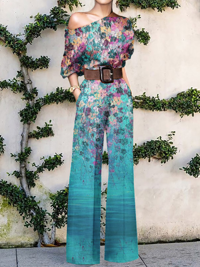 Stylish and Elegant Office Loose Wide Leg Slant Neck Floral Print Jumpsuit