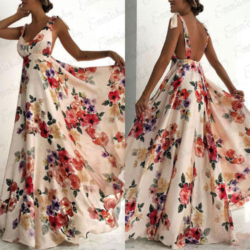 Trendy Bohemian Backless Sleeveless V Neck Floral  Maxi Dress