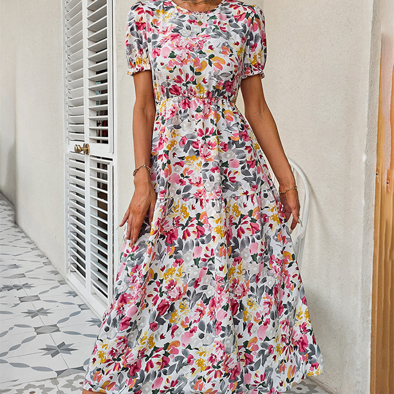 Elegant Floral Print Casual Puff Sleeve Fashion Beach A-Line Maxi Dress