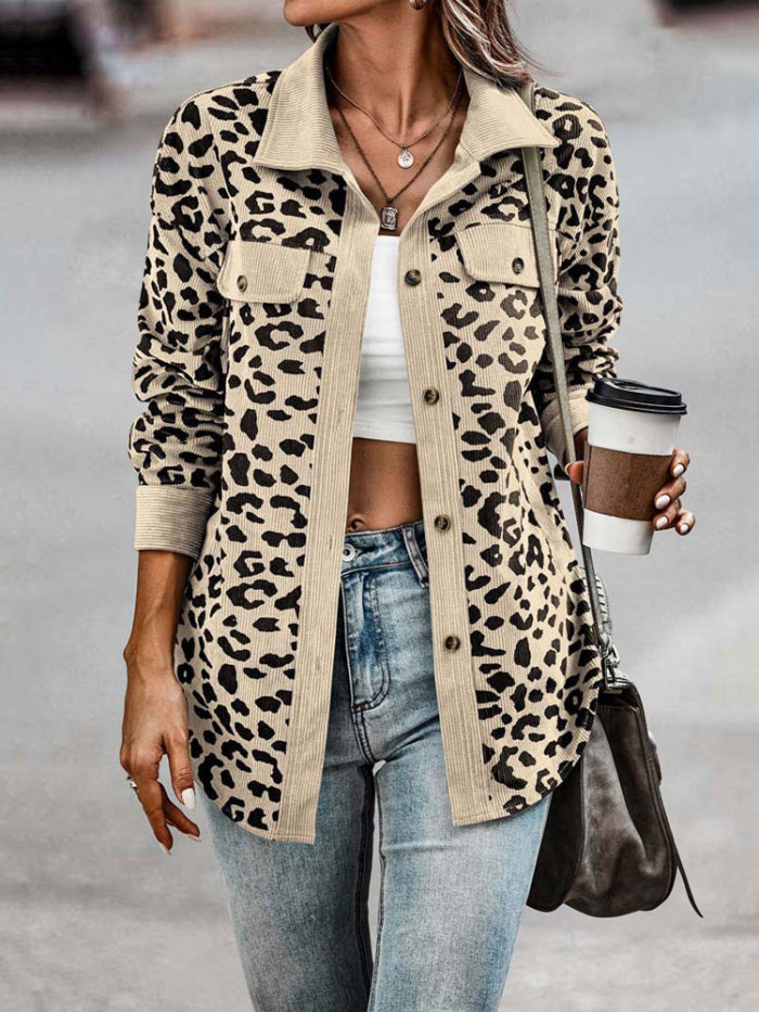 Fashion Leopard Print Corduroy Coat Women Long Sleeve Loose Jacket