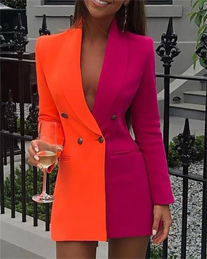 2023 New Style Contrast Color Stitching Ol Professional Wear V-Neck Cardigan Suit Dress