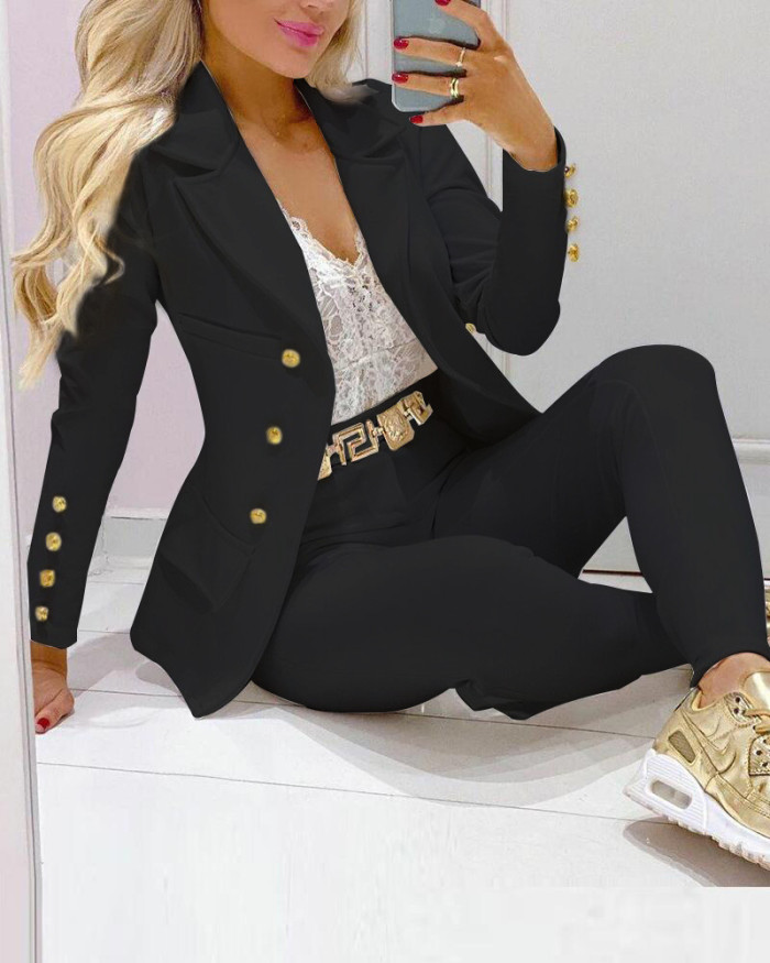 Women office Pant Suit Double breasted Blazers Jacket+Pant Two Pieces Set Lady Outfits