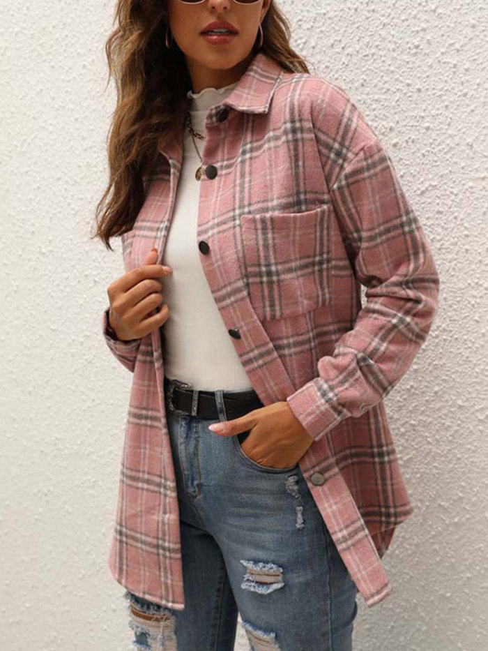 Fashion Plaid Jacket Loose Long Sleeve Shirt Coat
