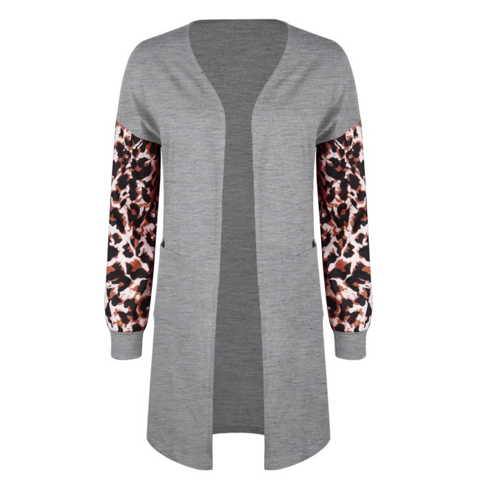 Women's Fashion Casual Colorblock Leopard Long Cardigan Jacket