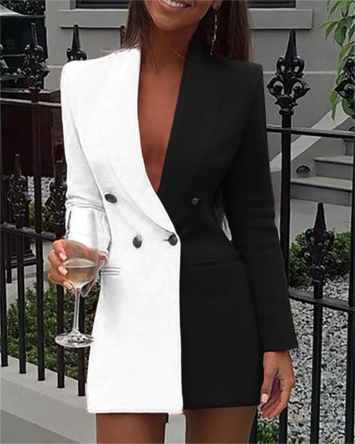 2023 New Style Contrast Color Stitching Ol Professional Wear V-Neck Cardigan Suit Dress