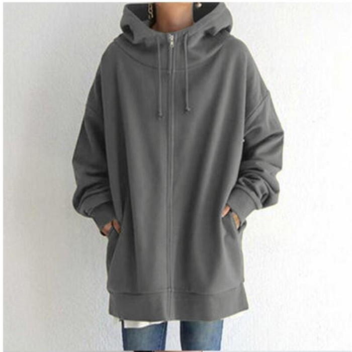 Women Warm Zipper Long Hoodies Harajuku Casual Hooded Jacket Winter Sweatshirts Pullovers