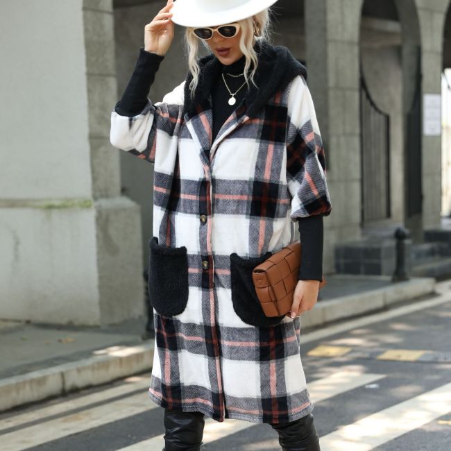 Black White Plaid Women Long Fleece Jacket Loose Hooded Female Autumn Winter Coats