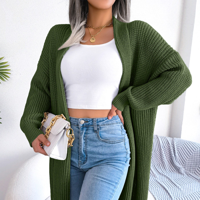 Green Knitted Crochet Loose Full Sleeve Female Sweater Solid Warm Casual Office Cardigans