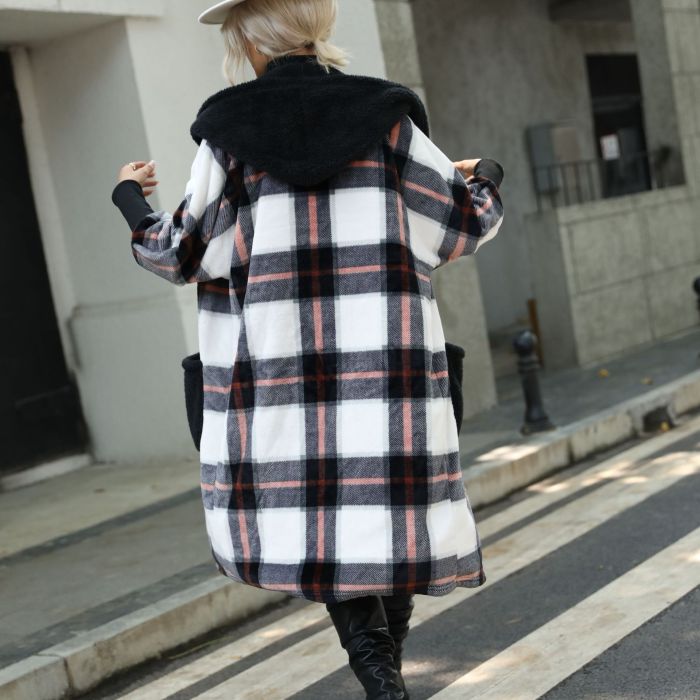 Black White Plaid Women Long Fleece Jacket Loose Hooded Female Autumn Winter Coats