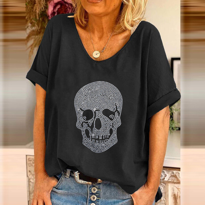 Fashion Rhinestone Printing Casual Short Sleeve Loose Sexy V Neck  T-Shirts