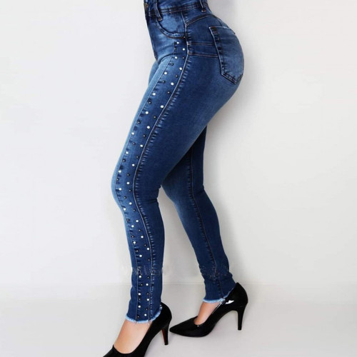 Women's High Waist Beaded High Stretch Street Fashion Casual Jeans S-2XL