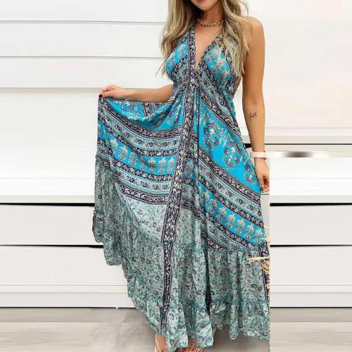 Printed Backless Fashion Sexy Retro Party Bohemian Maxi Dress