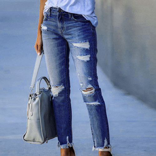Mid Rise Ripped Tassel Fashion Casual Slim Jeans
