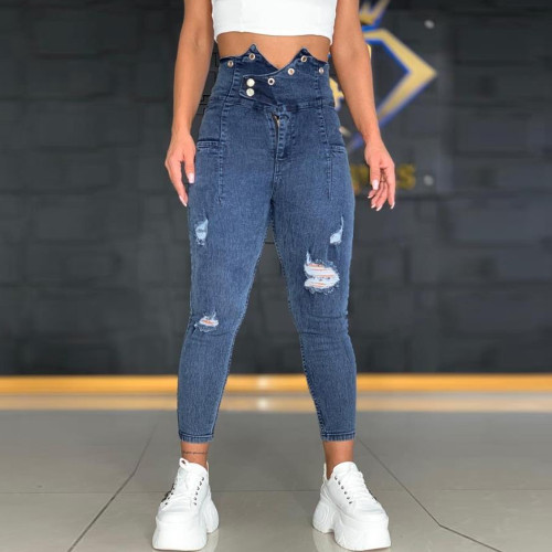 Women's Fashion Solid Color Casual Ripped Skinny High Waist Jeans