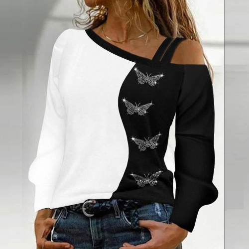 Casual Top Fashion Rhinestone Decorated Color Block Cold Shoulder  Blouses & Shirts