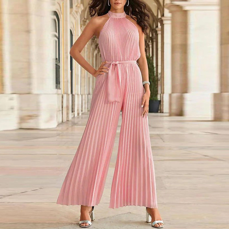 Solid Color Pleated Party Elegant Open Back Sleeveless Wide Leg Jumpsuit