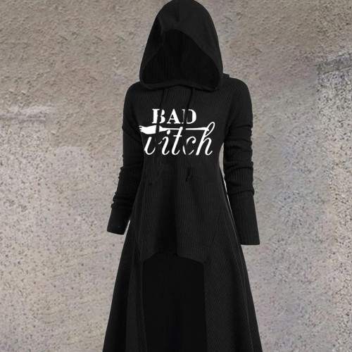 Women Fashion Print Bad Witch Long Sleeve Hooded Irregular  Halloween Top