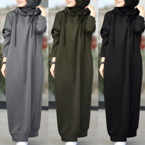 Stylish Long Sleeve Casual Solid Hooded Maxi Dress