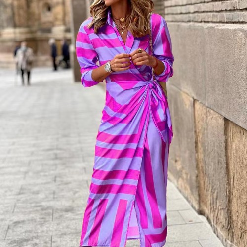Fashion Print Lace Stripe Casual Comfort Maxi Dress