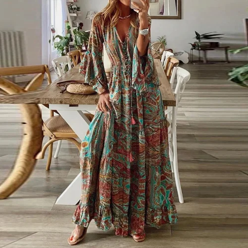 Vintage V Neck Elegant Beach Fashion Floral Print Boho  Maxi Dress