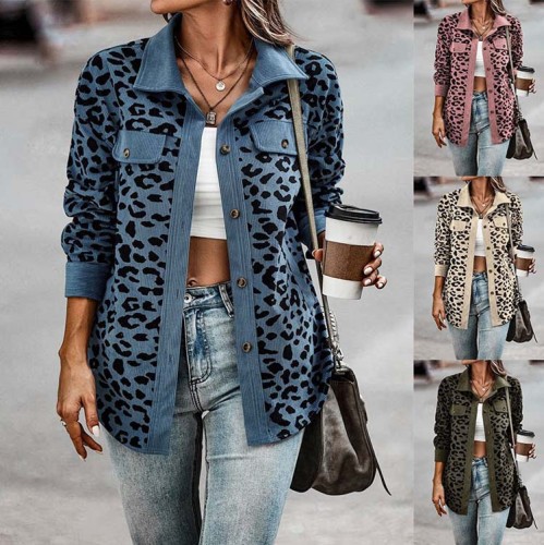 Fashion Leopard Print Corduroy Coat Women Long Sleeve Loose Jacket