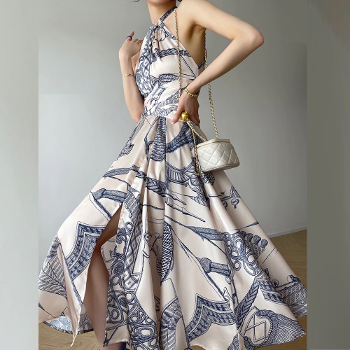 Fashion Retro Elegant Sleeveless Backless Sexy Print  Maxi Dress